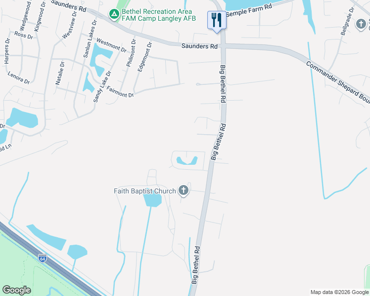 map of restaurants, bars, coffee shops, grocery stores, and more near 4 Longleaf Court in Hampton