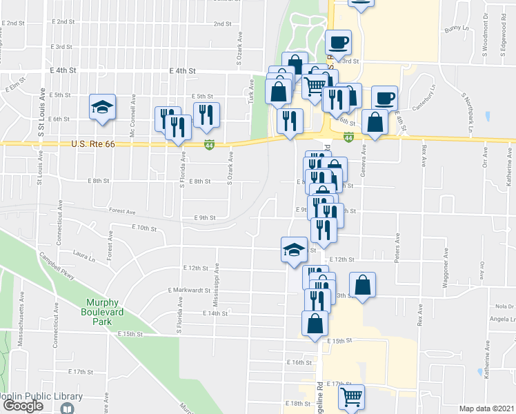 map of restaurants, bars, coffee shops, grocery stores, and more near 926 Texas Avenue in Joplin