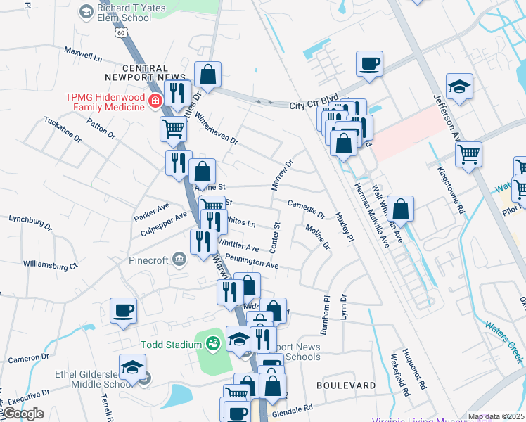 map of restaurants, bars, coffee shops, grocery stores, and more near 32 Mellon Street in Newport News