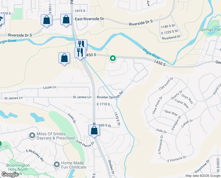 map of restaurants, bars, coffee shops, grocery stores, and more near 1606 Flat Rock Road in St. George