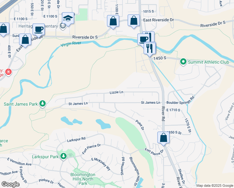 map of restaurants, bars, coffee shops, grocery stores, and more near 1118 Lizzie Lane in St. George
