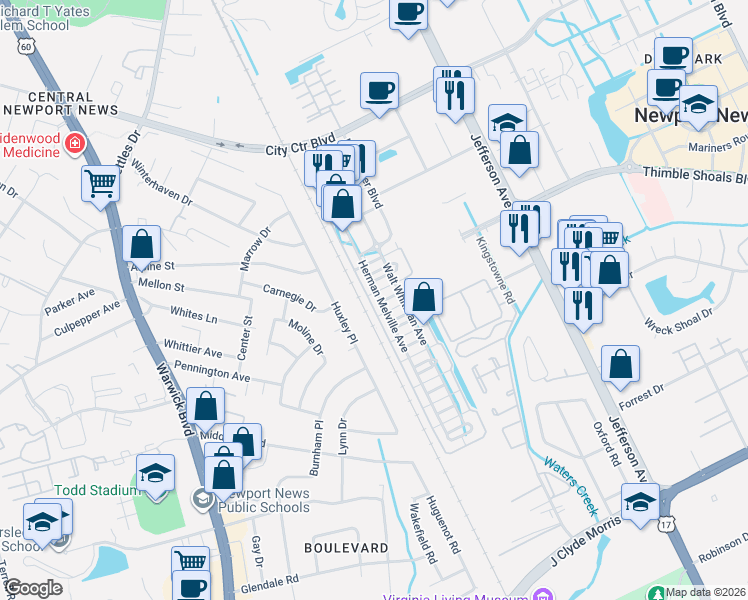 map of restaurants, bars, coffee shops, grocery stores, and more near 279 Herman Melville Avenue in Newport News