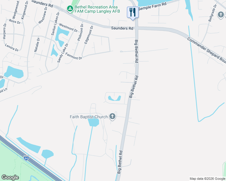 map of restaurants, bars, coffee shops, grocery stores, and more near 4 Longleaf Court in Hampton
