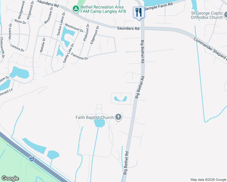 map of restaurants, bars, coffee shops, grocery stores, and more near 4 Longleaf Court in Hampton