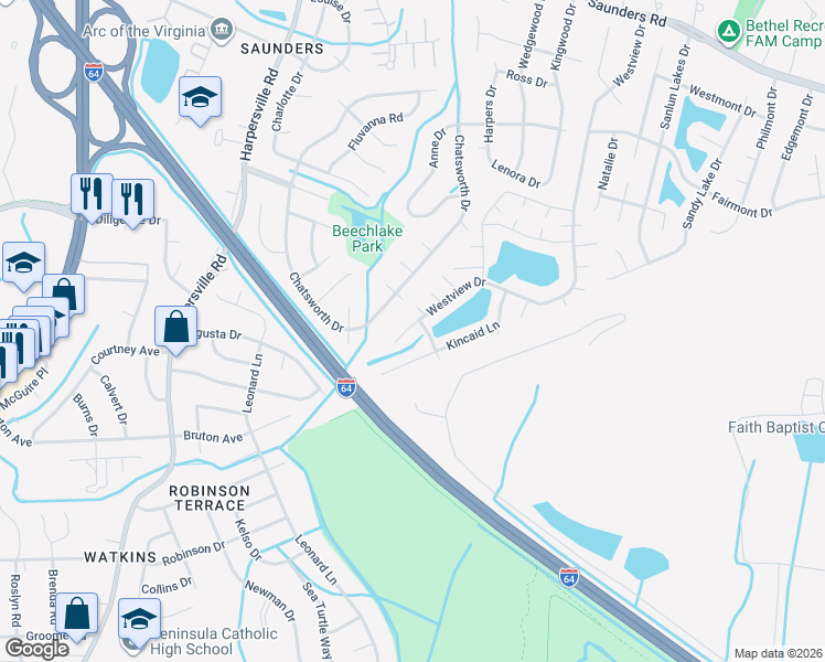 map of restaurants, bars, coffee shops, grocery stores, and more near 104 Kincaid Lane in Hampton