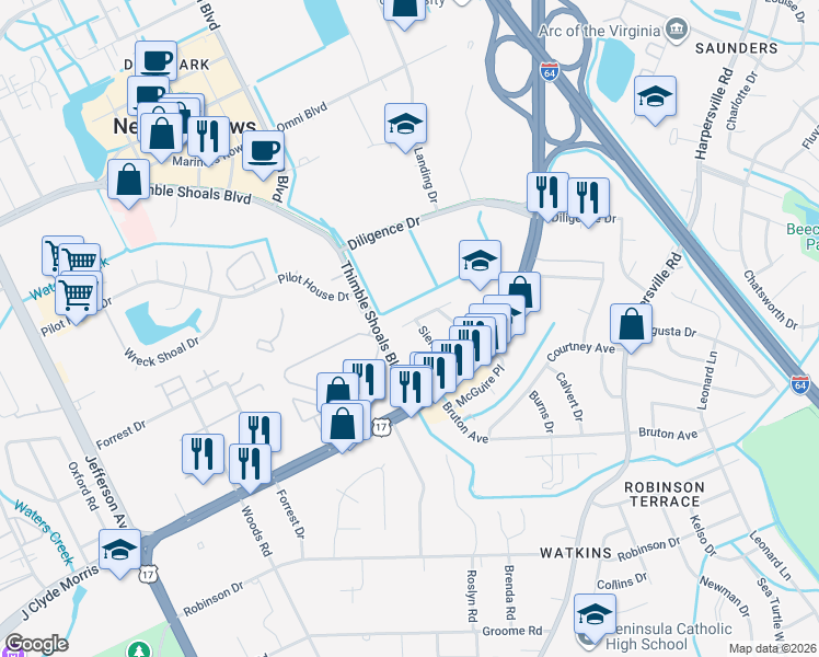 map of restaurants, bars, coffee shops, grocery stores, and more near 757 Thimble Shoals Boulevard in Newport News