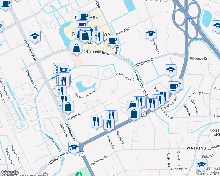 map of restaurants, bars, coffee shops, grocery stores, and more near 102 Nantucket Place in Newport News