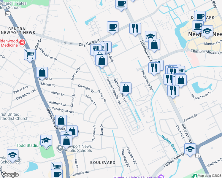 map of restaurants, bars, coffee shops, grocery stores, and more near 279 Herman Melville Avenue in Newport News
