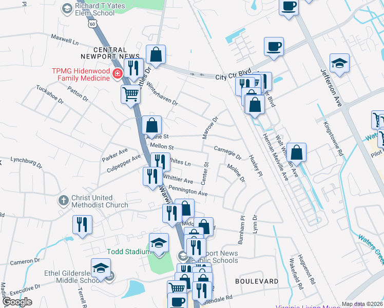map of restaurants, bars, coffee shops, grocery stores, and more near 34 Whites Lane in Newport News