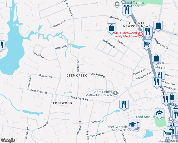 map of restaurants, bars, coffee shops, grocery stores, and more near 314 Lynchburg Drive in Newport News