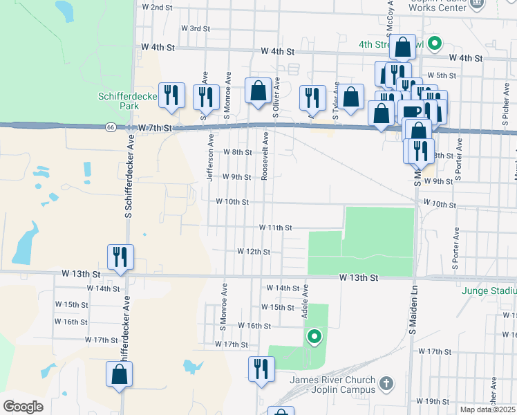 map of restaurants, bars, coffee shops, grocery stores, and more near 1019 Roosevelt Ave in Joplin