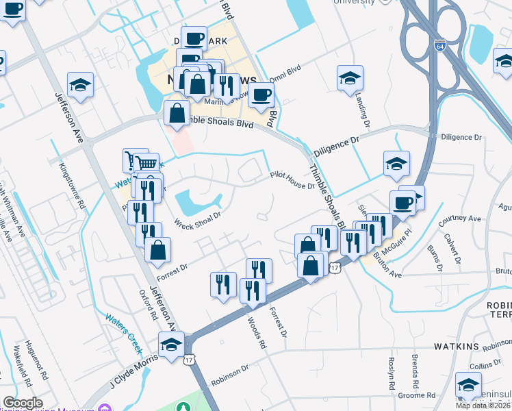 map of restaurants, bars, coffee shops, grocery stores, and more near 102 Nantucket Place in Newport News