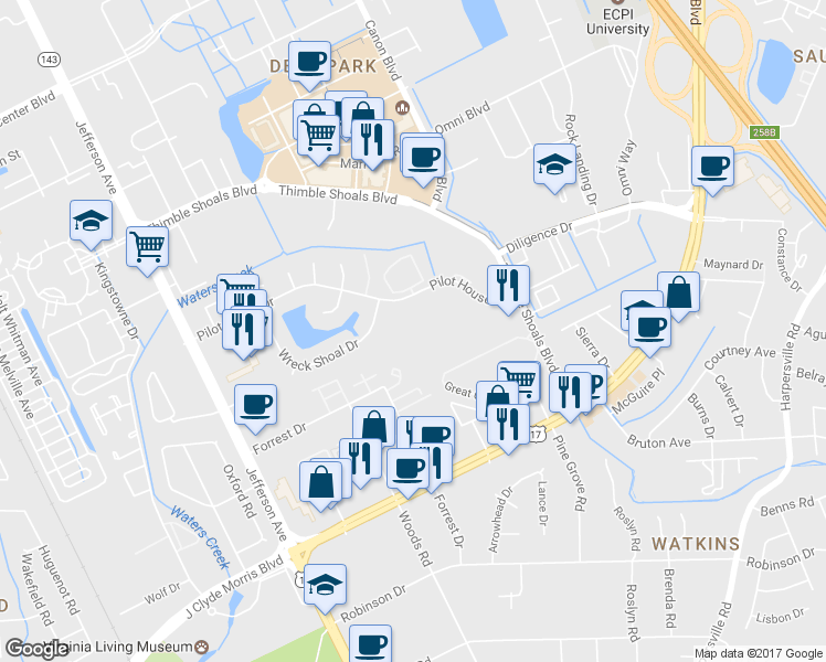 map of restaurants, bars, coffee shops, grocery stores, and more near 154 Tidal Drive in Newport News