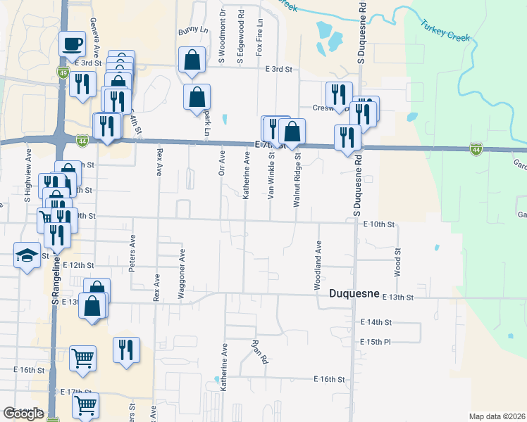 map of restaurants, bars, coffee shops, grocery stores, and more near 3602 East 10th Street in Joplin
