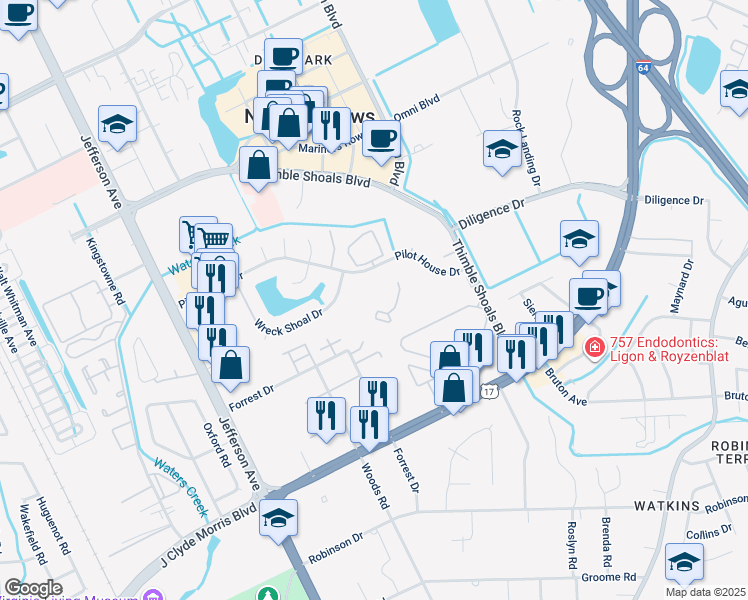 map of restaurants, bars, coffee shops, grocery stores, and more near 154 Tidal Drive in Newport News
