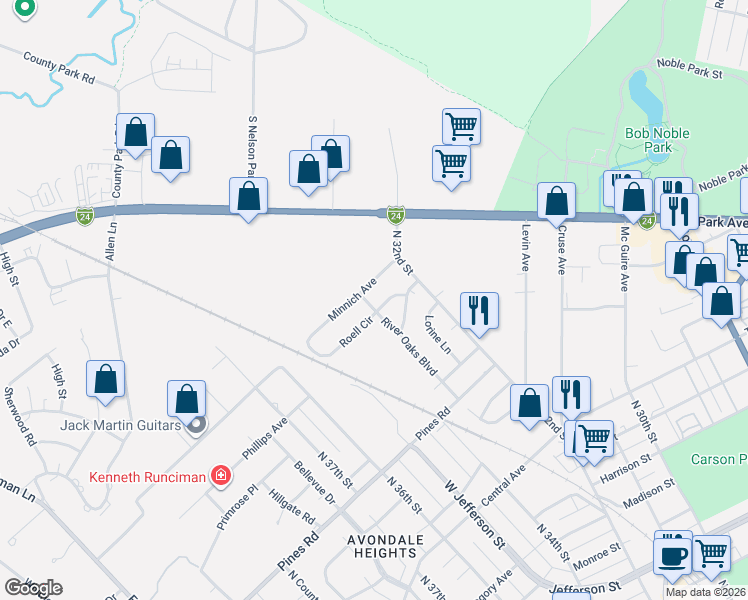 map of restaurants, bars, coffee shops, grocery stores, and more near 1030 River Oaks Boulevard in Paducah