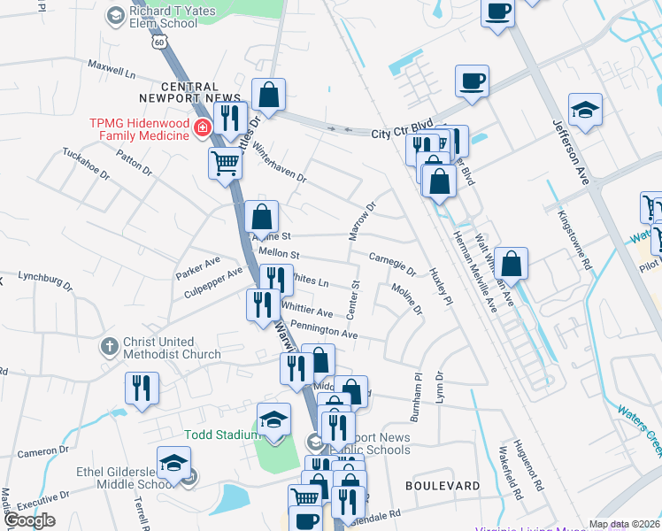 map of restaurants, bars, coffee shops, grocery stores, and more near 34 Whites Lane in Newport News