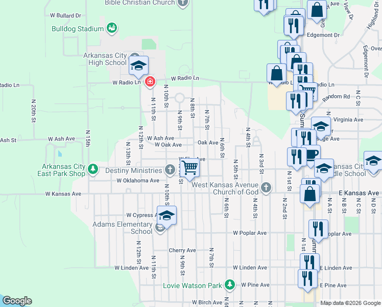 map of restaurants, bars, coffee shops, grocery stores, and more near 1520 North 9th Street in Arkansas City