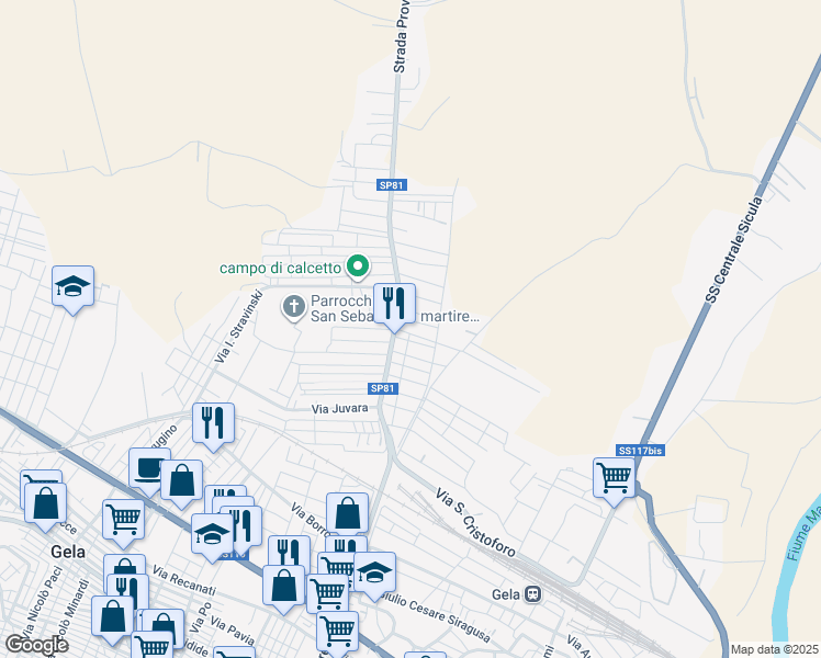 map of restaurants, bars, coffee shops, grocery stores, and more near 36 Via Duccio di Boninsegna in Gela