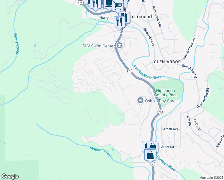 map of restaurants, bars, coffee shops, grocery stores, and more near 674 Mountain View Drive in Ben Lomond