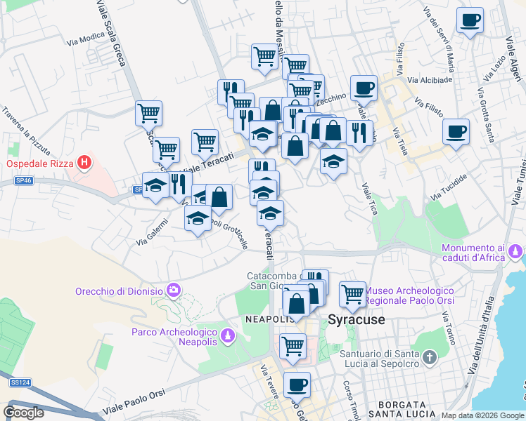 map of restaurants, bars, coffee shops, grocery stores, and more near 27 Viale Teracati in Siracusa