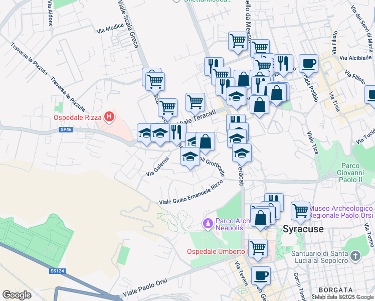 map of restaurants, bars, coffee shops, grocery stores, and more near 42 Via Necropoli Grotticelle in Siracusa