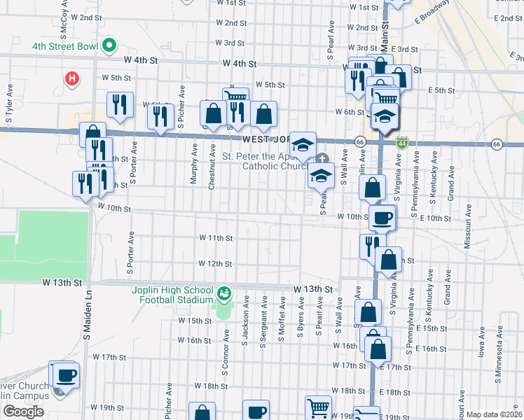 map of restaurants, bars, coffee shops, grocery stores, and more near 1032-1098 Sergeant Ave in Joplin