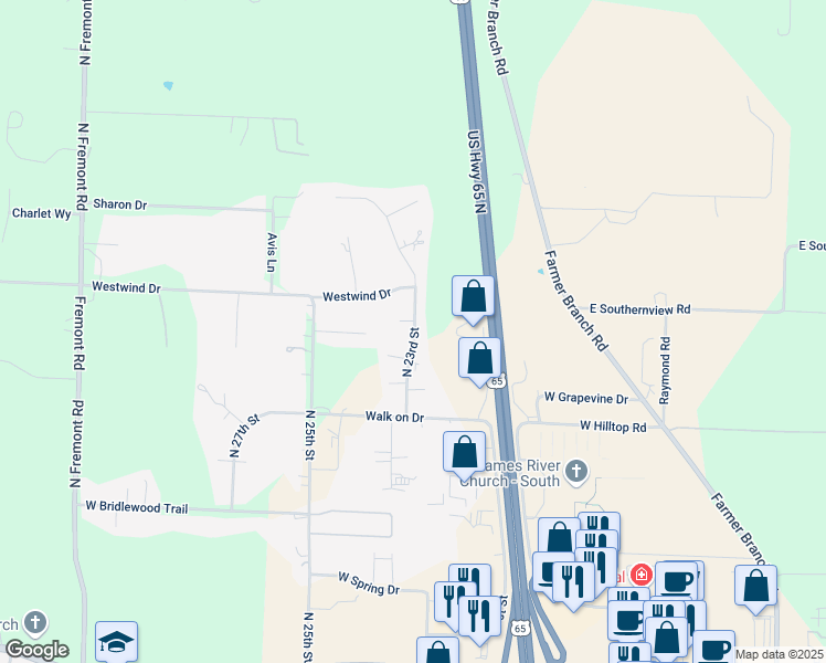map of restaurants, bars, coffee shops, grocery stores, and more near 2302 West Madison Avenue in Ozark
