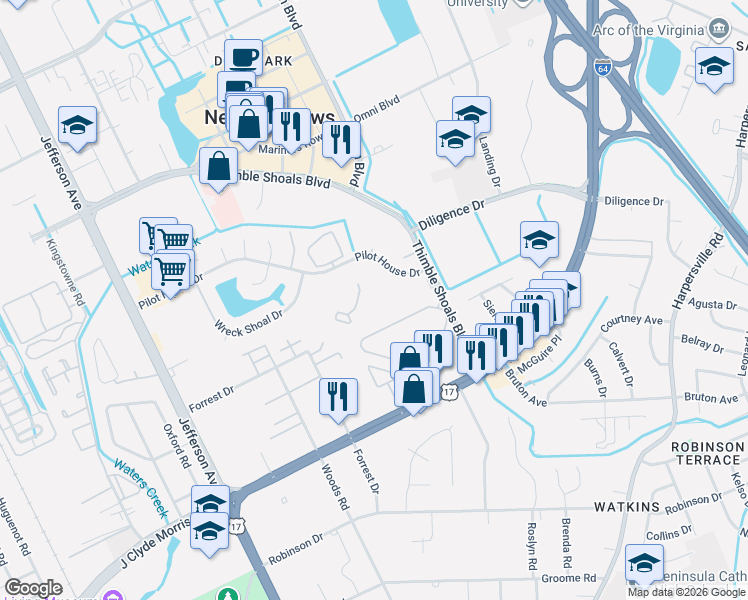 map of restaurants, bars, coffee shops, grocery stores, and more near 760 Pilot House Drive in Newport News