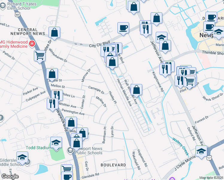 map of restaurants, bars, coffee shops, grocery stores, and more near 241 Herman Melville Avenue in Newport News
