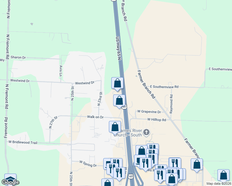 map of restaurants, bars, coffee shops, grocery stores, and more near U.S. 65 in Ozark