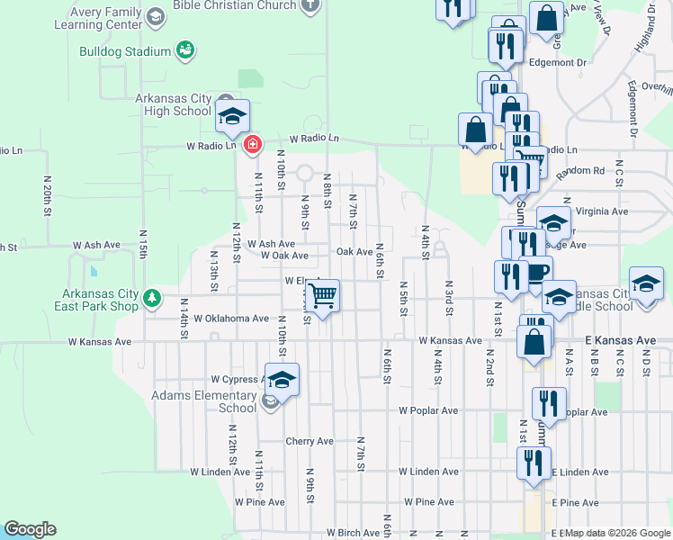 map of restaurants, bars, coffee shops, grocery stores, and more near 800-898 Oak Ave in Arkansas City