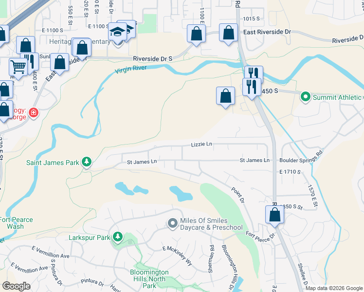 map of restaurants, bars, coffee shops, grocery stores, and more near 1046 Lizzie Lane in Saint George