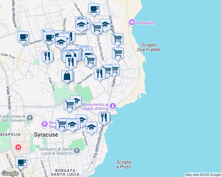 map of restaurants, bars, coffee shops, grocery stores, and more near Via Grottasanta in Syracuse
