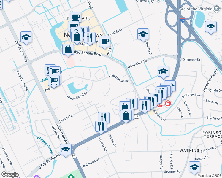 map of restaurants, bars, coffee shops, grocery stores, and more near 760 Pilot House Drive in Newport News