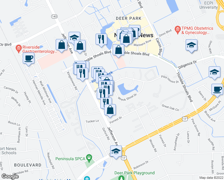 map of restaurants, bars, coffee shops, grocery stores, and more near 106 Wreck Shoal Drive in Newport News