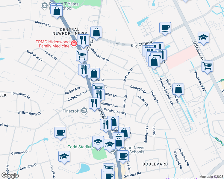 map of restaurants, bars, coffee shops, grocery stores, and more near 18 Mellon Street in Newport News