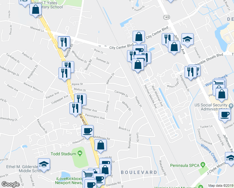 map of restaurants, bars, coffee shops, grocery stores, and more near 168 Carnegie Drive in Newport News