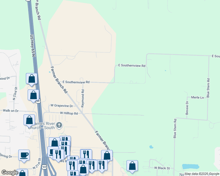map of restaurants, bars, coffee shops, grocery stores, and more near 299 Southernview Road in Ozark