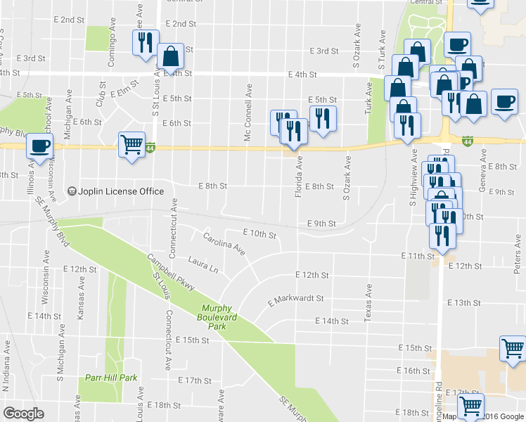 map of restaurants, bars, coffee shops, grocery stores, and more near 837 South Patterson Avenue in Joplin