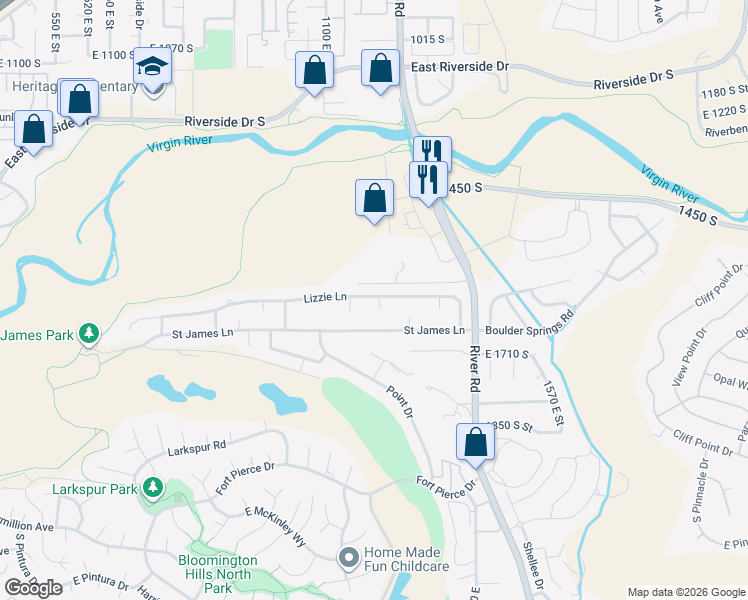 map of restaurants, bars, coffee shops, grocery stores, and more near 1580 South River Road in St. George