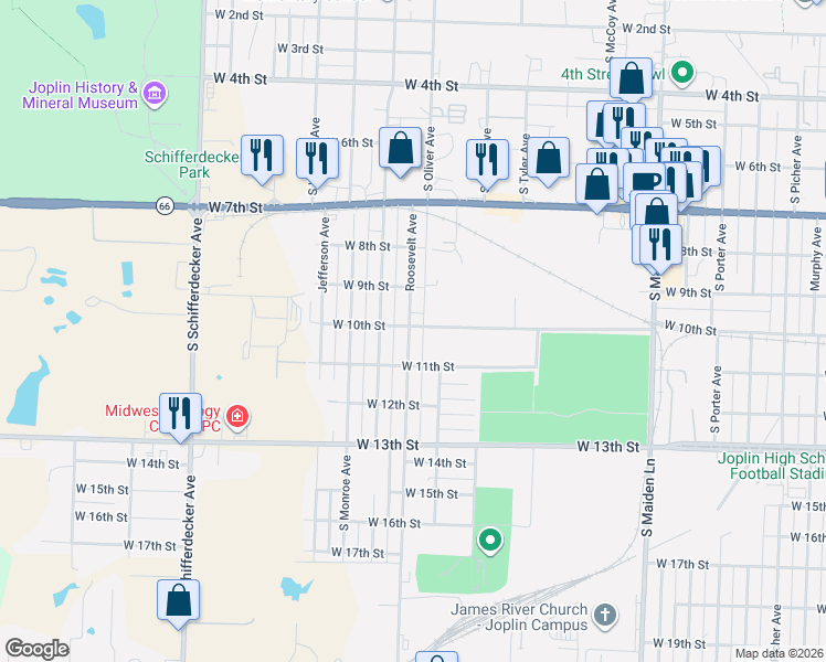 map of restaurants, bars, coffee shops, grocery stores, and more near 925 Roosevelt Avenue in Joplin