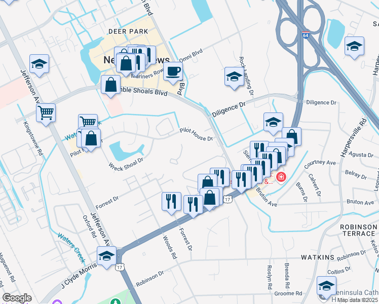 map of restaurants, bars, coffee shops, grocery stores, and more near 294 Nantucket Place in Newport News