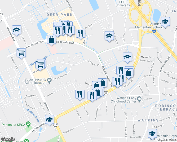 map of restaurants, bars, coffee shops, grocery stores, and more near 760 Pilot House Drive in Newport News