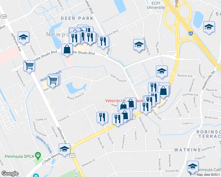 map of restaurants, bars, coffee shops, grocery stores, and more near 760 Pilot House Drive in Newport News