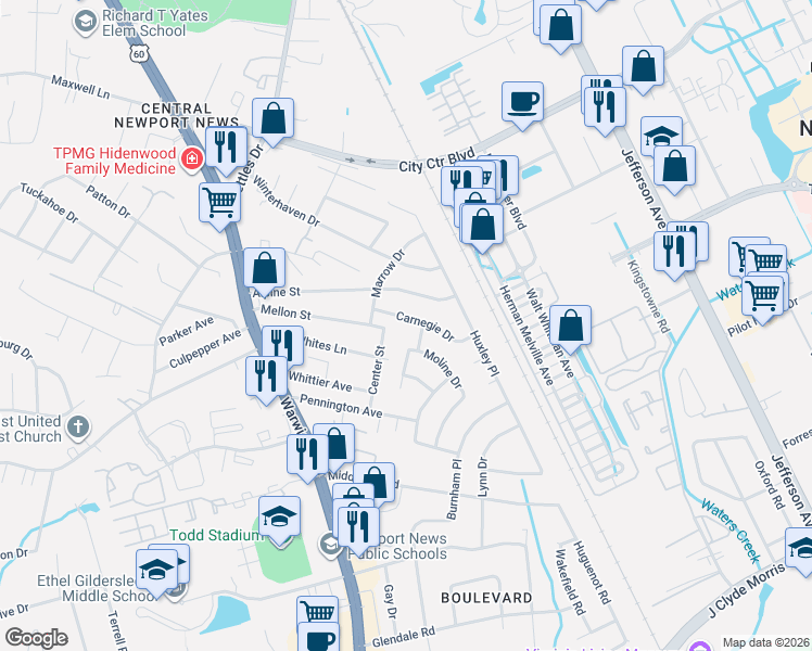 map of restaurants, bars, coffee shops, grocery stores, and more near 180 Alpine Street in Newport News