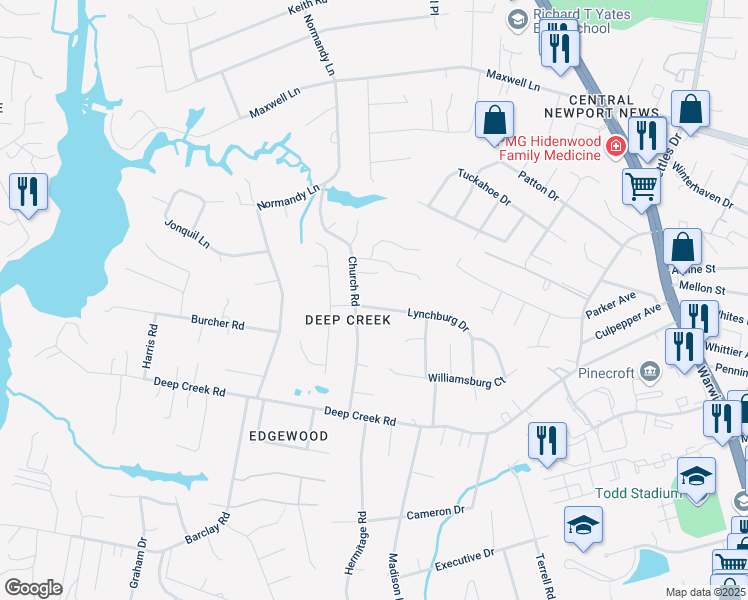map of restaurants, bars, coffee shops, grocery stores, and more near 66 Church Road in Newport News