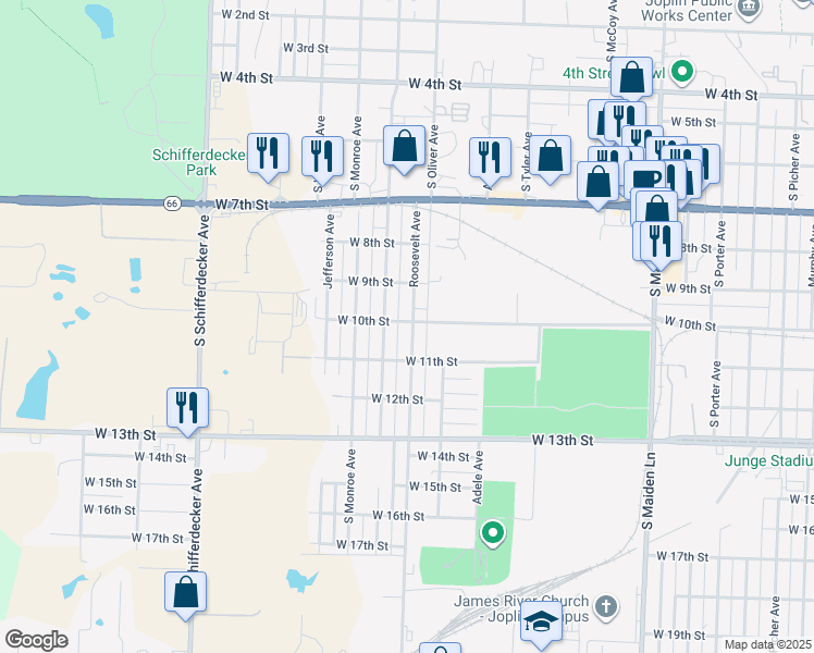 map of restaurants, bars, coffee shops, grocery stores, and more near 925 Roosevelt Avenue in Joplin