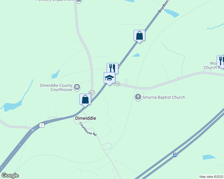map of restaurants, bars, coffee shops, grocery stores, and more near 13811 Boydton Plank Road in Dinwiddie
