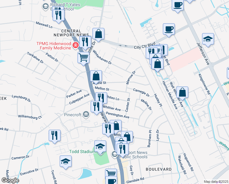 map of restaurants, bars, coffee shops, grocery stores, and more near 18 Mellon Street in Newport News
